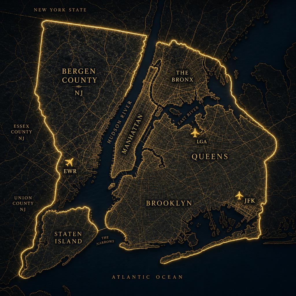 Service map highlighting Bergen County and New York City coverage area with EWR, LGA, and JFK airports